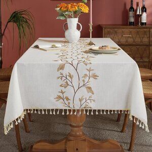 Retro Floral Embroidery Tablecloth, Wrinkle Free & Waterproof, 55x70 Inch